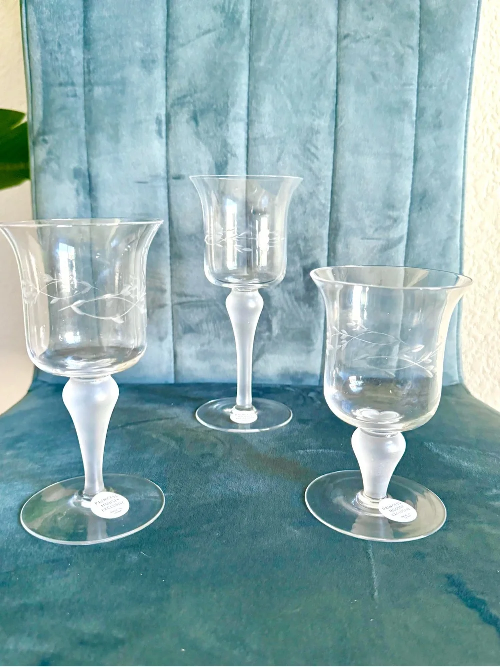 Princess House Clear Etched Crystal Wine Glasses with Frosted Stems